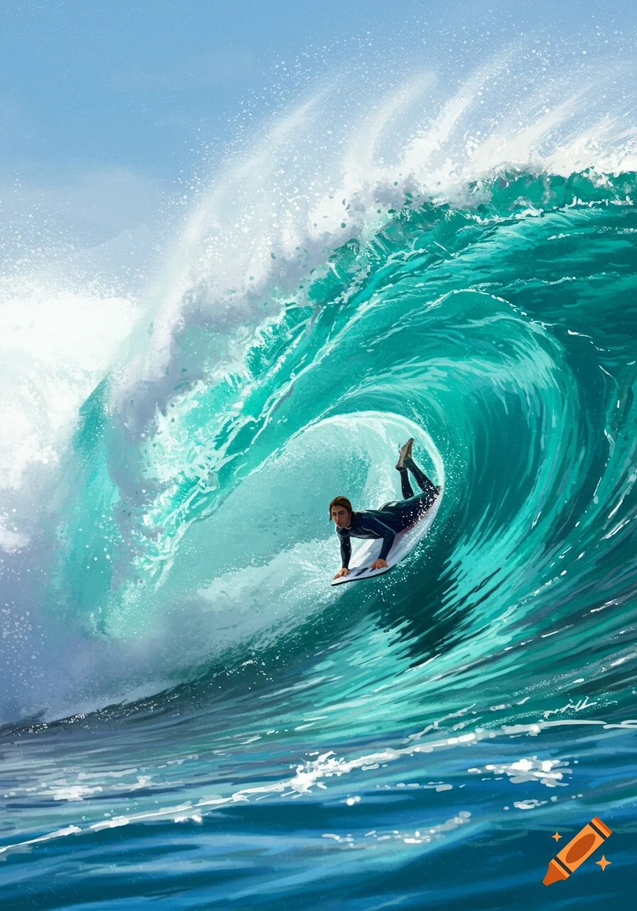A bodyboarder rides inside the barrel of a large, vibrant blue-green ocean wave in an illustrative style.