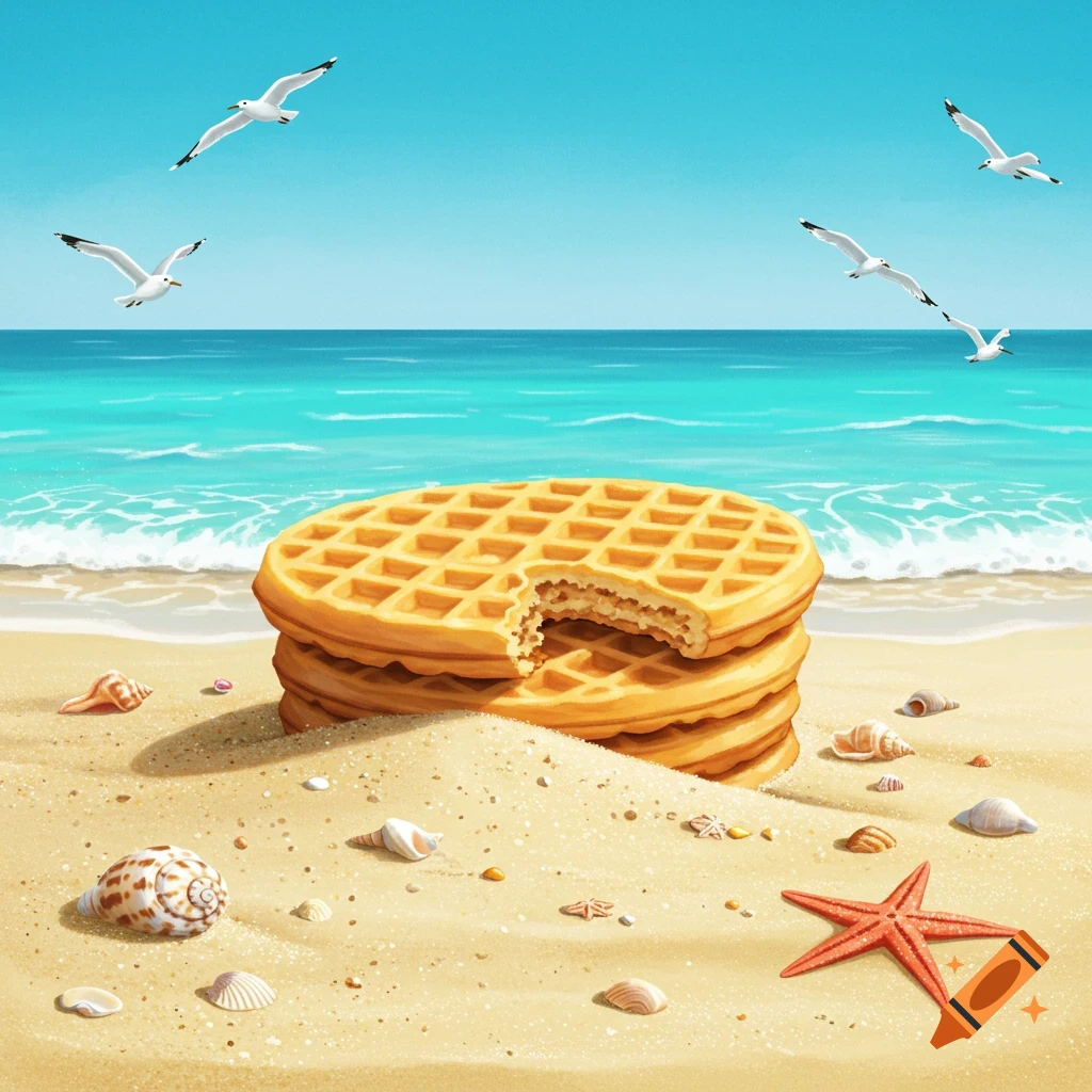 A stack of waffles with a bite taken from the top one sits on a sandy beach adorned with seashells and a starfish, with seagulls flying over the blue ocean.