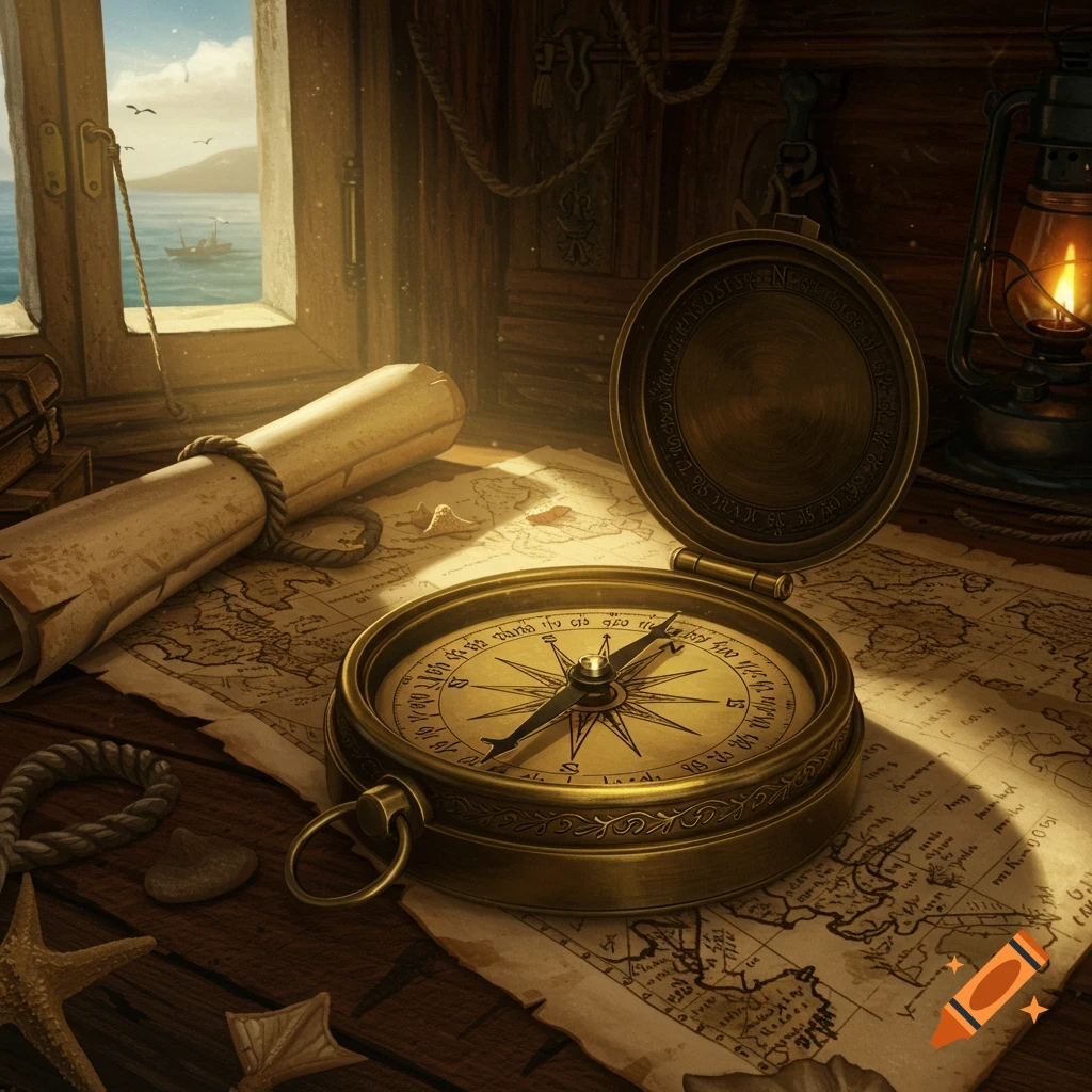 A brass nautical compass lies open on an old map and scrolls, illuminated by sunlight from a window overlooking the ocean with a ship in the distance.