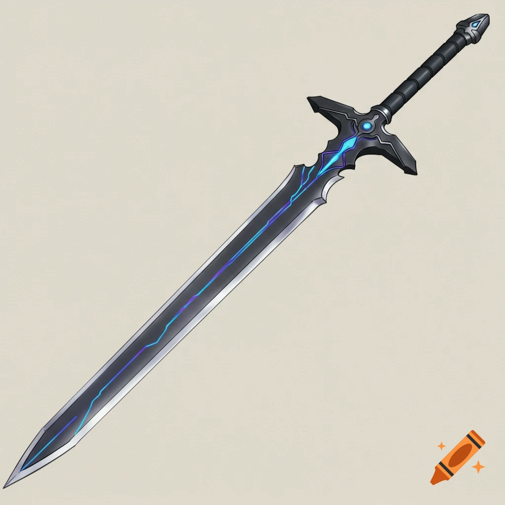 A sleek, dark fantasy longsword with blue and purple glowing veins along its blade and an asymmetrical crossguard, on a plain background.