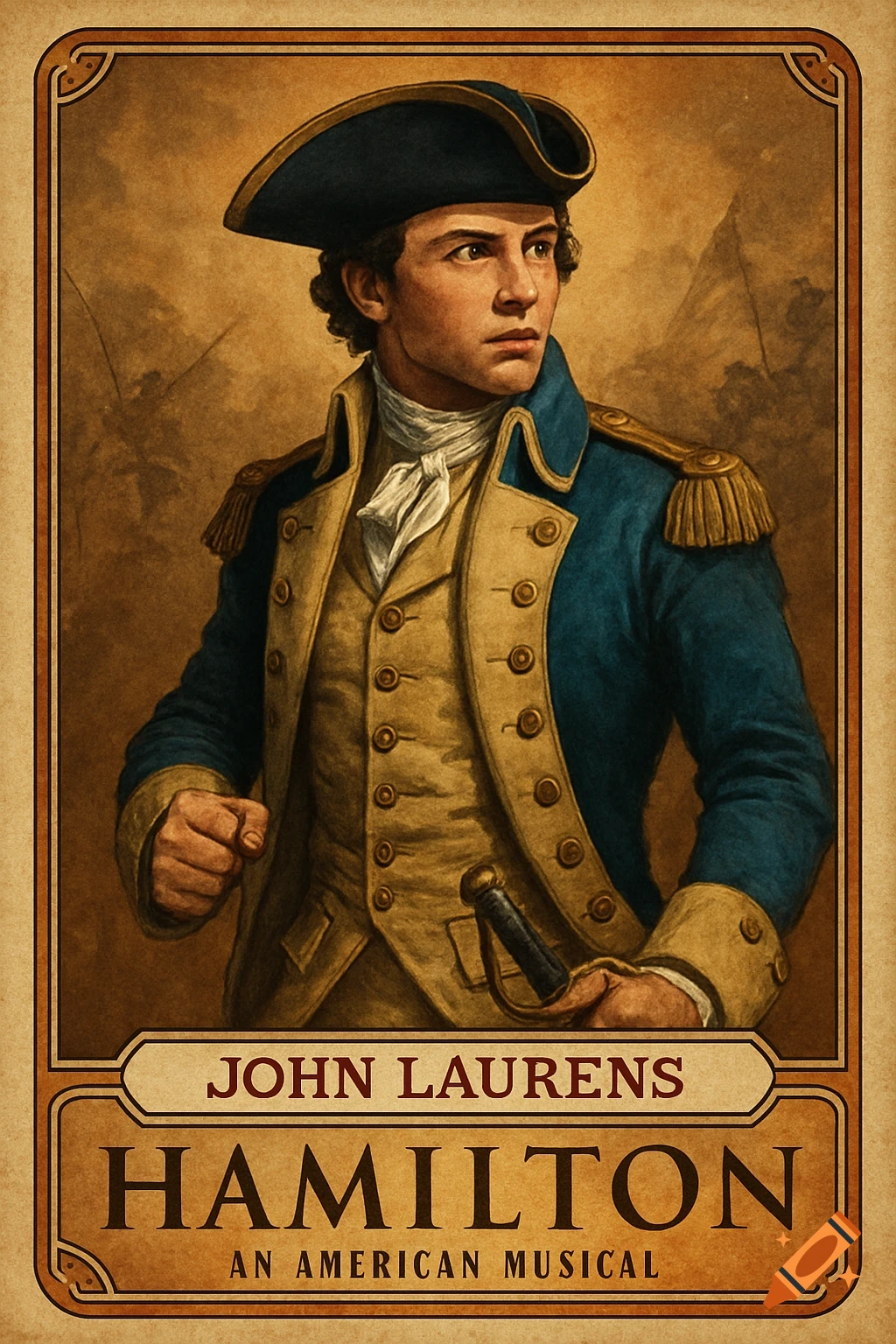 Portrait of a man in a historical military uniform, wearing a tricorne hat and blue coat, holding a sword. Text reads "John Laurens Hamilton An American Musical".