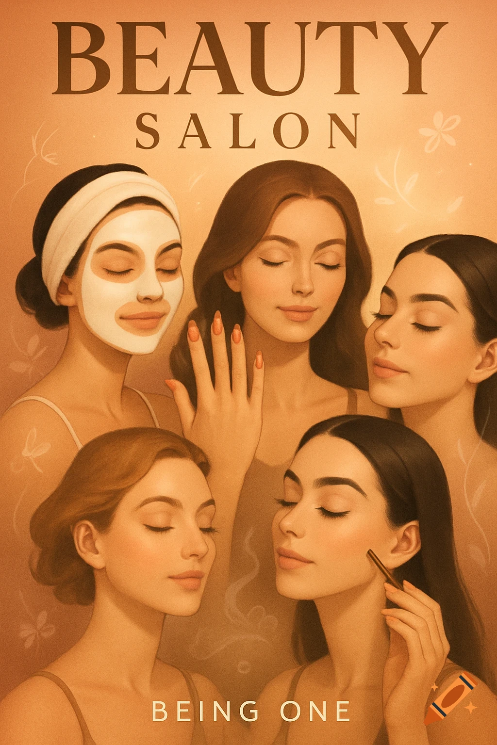 An illustrated poster in warm tones showing five women, some with face masks or applying makeup, with the words "BEAUTY SALON" and "BEING ONE."