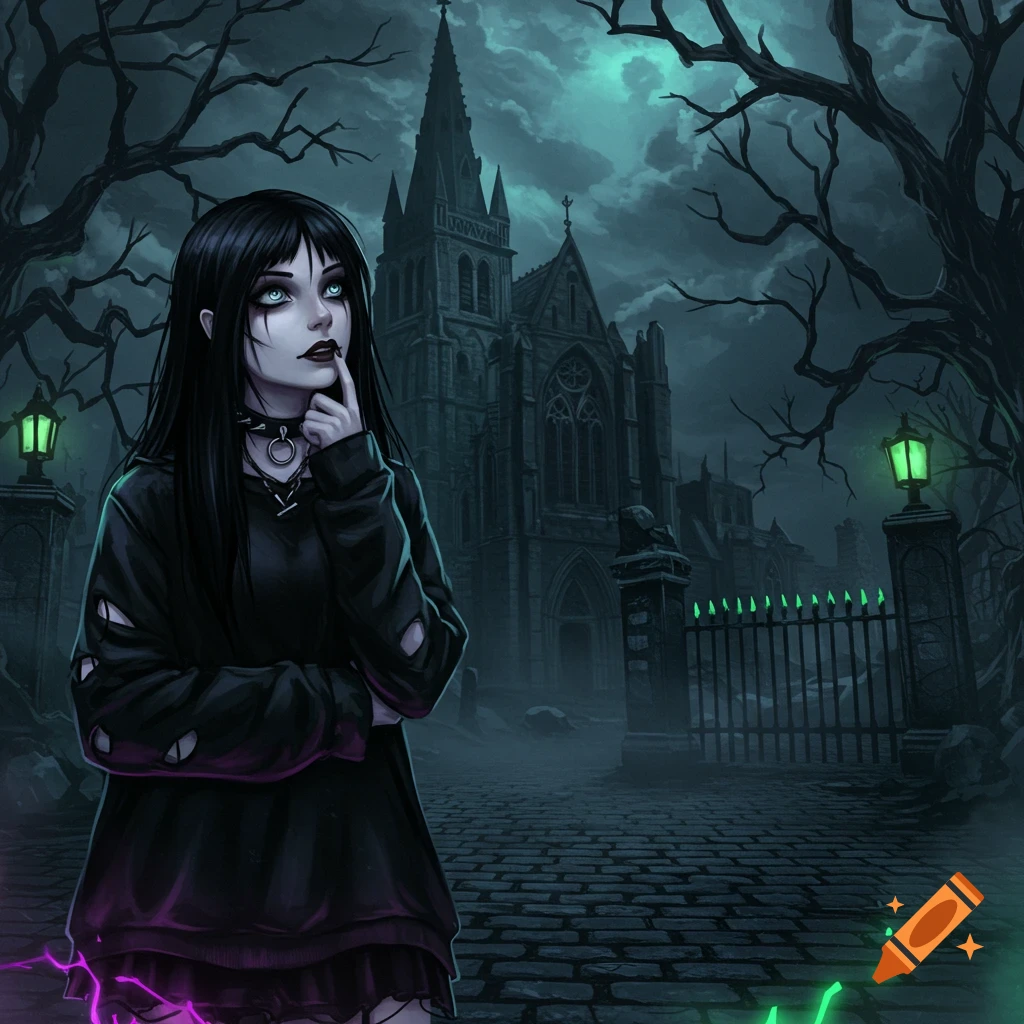 Anime-style illustration of a gothic woman pondering in front of a dark, spooky church at night.