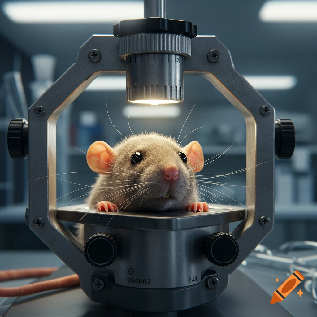 A photorealistic image of a small rat with pink ears and nose, peering out from within a shiny metallic stereotactic frame in a brightly lit laboratory.