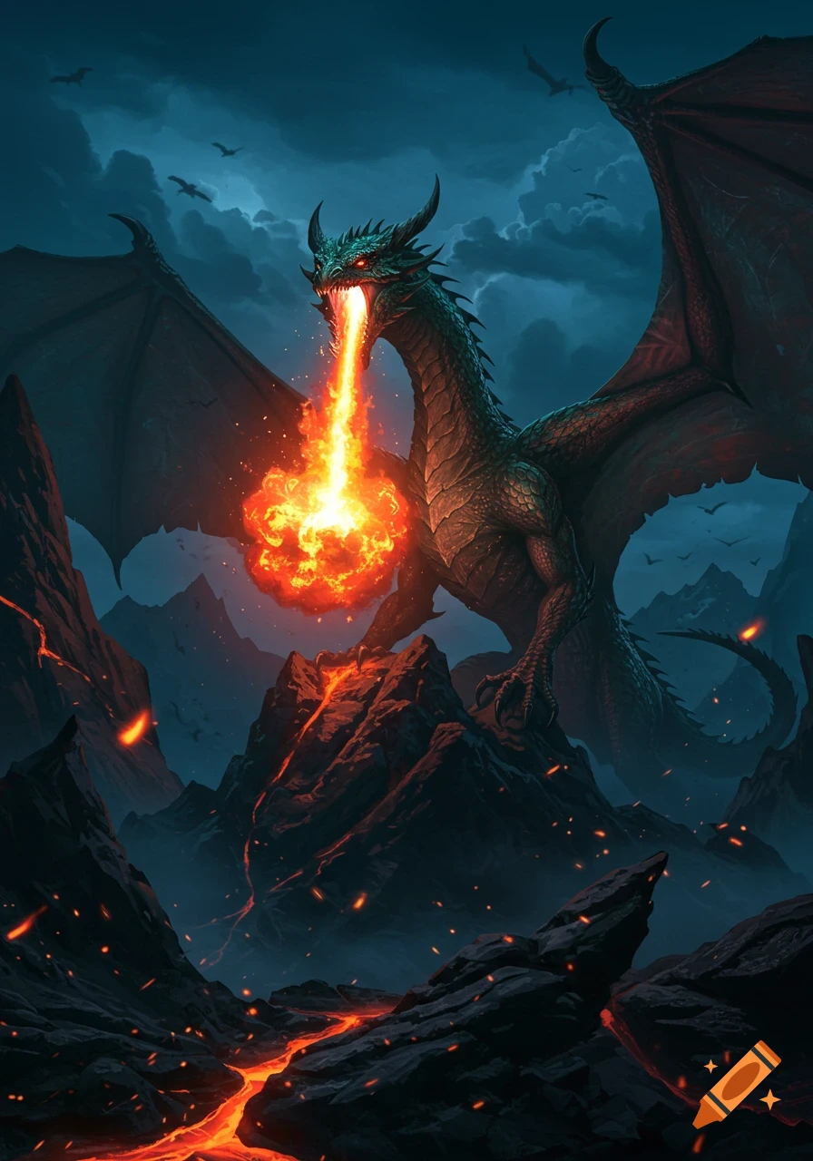 A powerful green dragon with red eyes breathes a stream of fiery lava over a dark, rocky, volcanic landscape under a cloudy night sky.