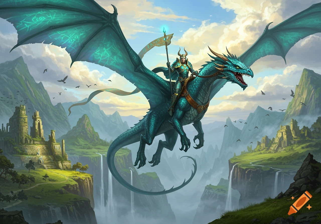 A teal dragon with a warrior rider flies over a lush fantasy landscape with mountains, waterfalls, and ancient ruins.