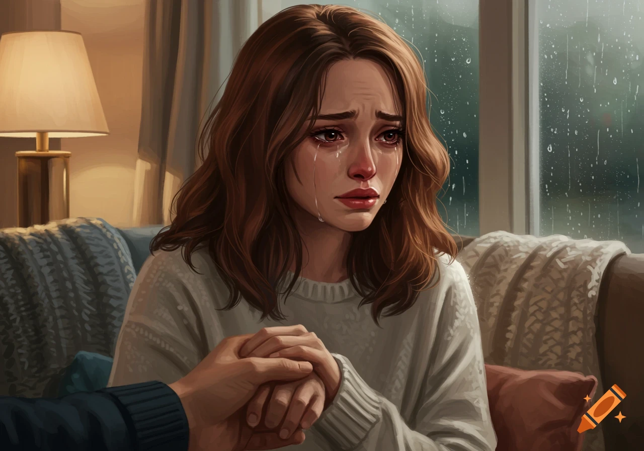 A brown-haired woman cries with tears streaming down her face, holding a man's hand. Rain streaks down a window in the background. Digital art.