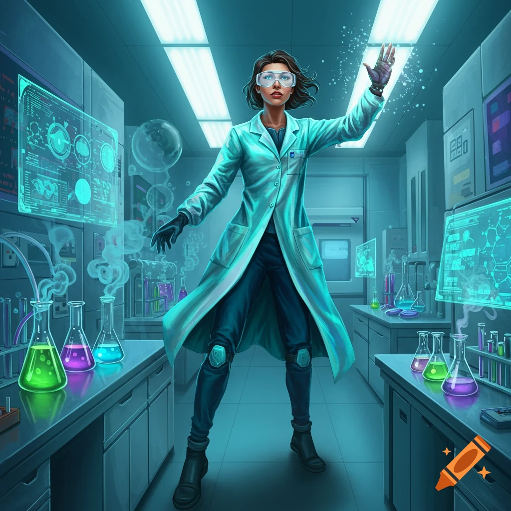 A female pharmaceutical scientist in a lab coat and goggles, striking a superhero pose in a futuristic laboratory.