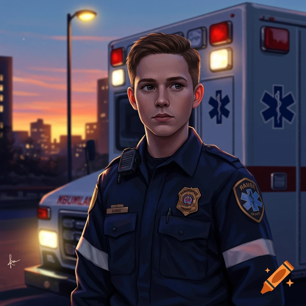 Digital art illustration of an EMT boy in uniform standing in front of an ambulance at dusk in a city.