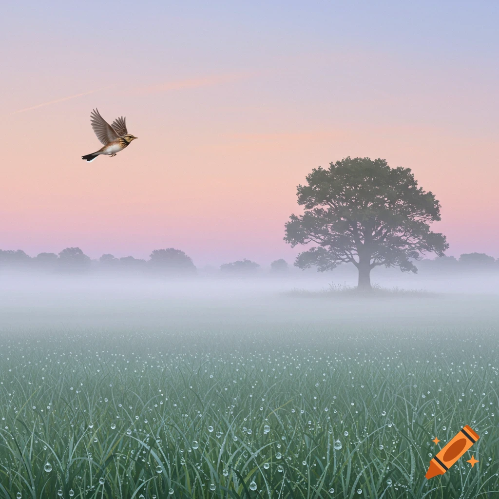 A bird flies over a misty, dew-covered green field with a large tree under a pastel sky.