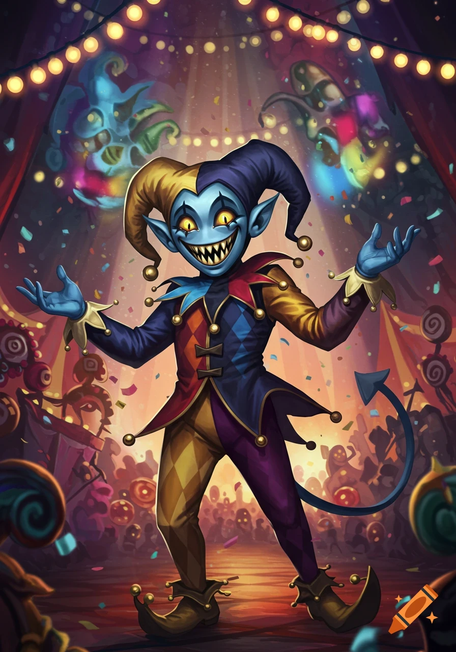 A vibrant, blue-skinned, wide-grinned jester with glowing yellow eyes, wearing a colorful harlequin suit and bells, stands on a stage with confetti falling in a circus tent.