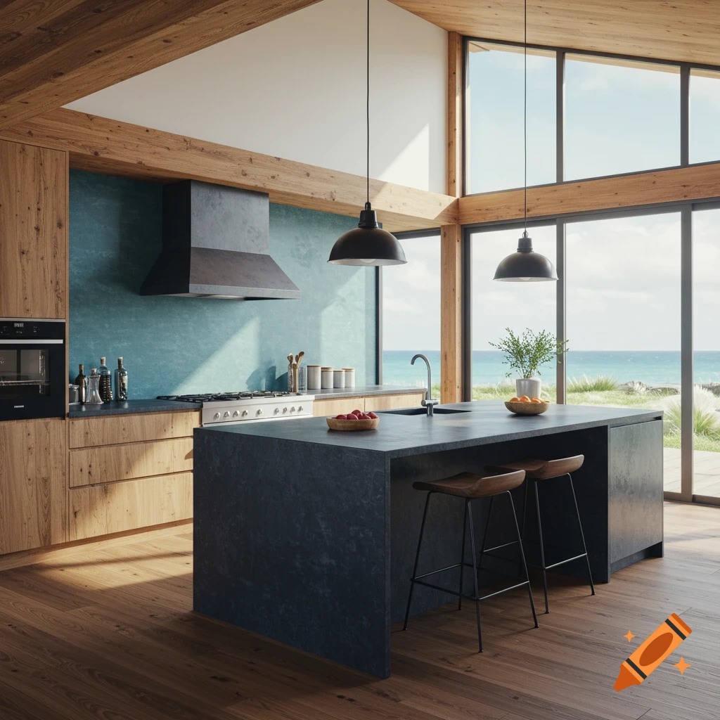 A modern kitchen with a large island, wood cabinets, teal backsplash, high ceilings, and ocean views from expansive windows.
