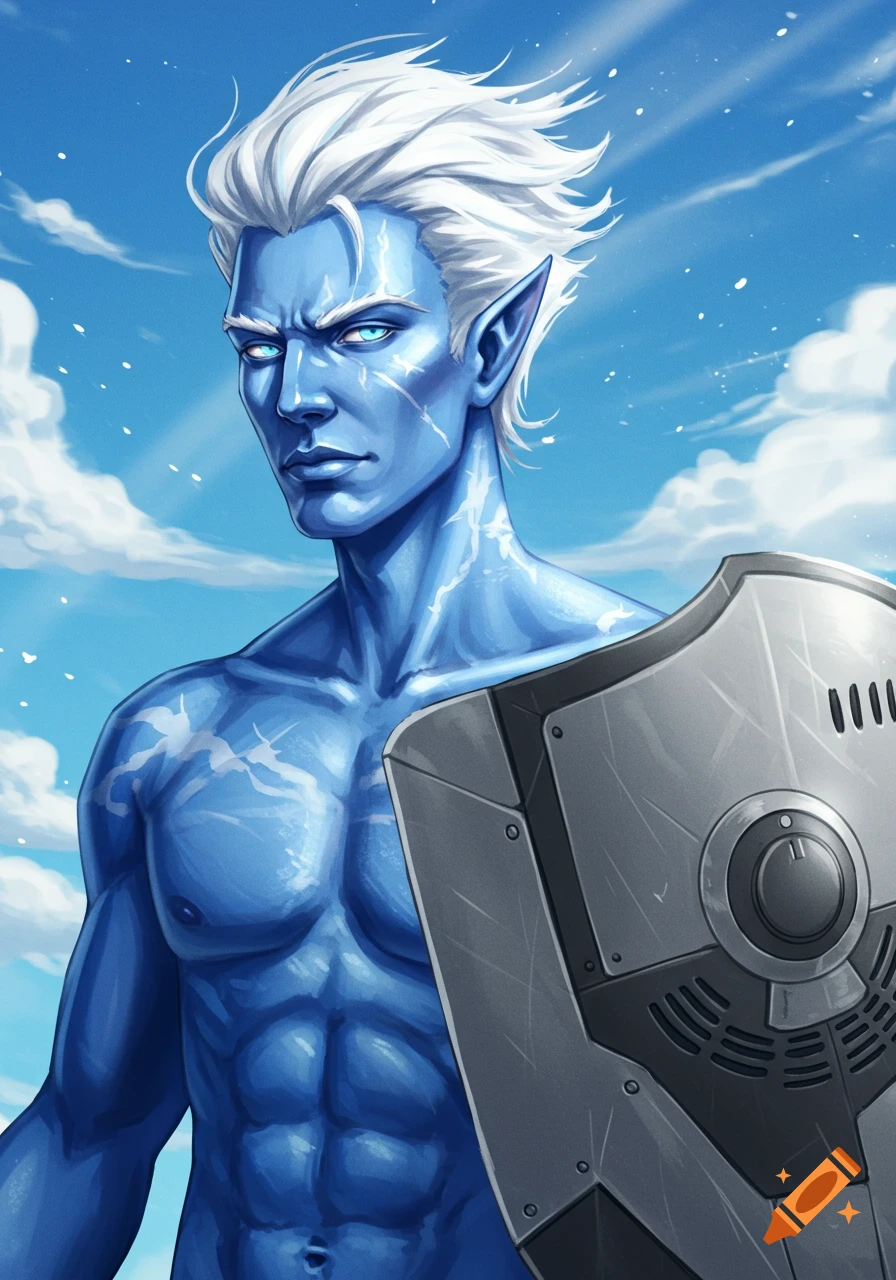 Blue-skinned fantasy character with white hair holds a unique shield resembling an air fryer against a bright blue sky.