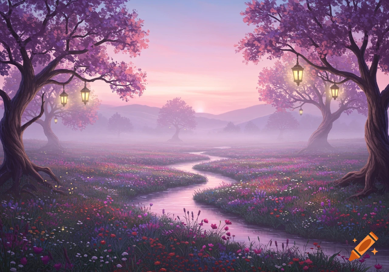 A fantasy landscape with purple flowering trees, a winding river, and colorful wildflowers under a pink and purple sky.