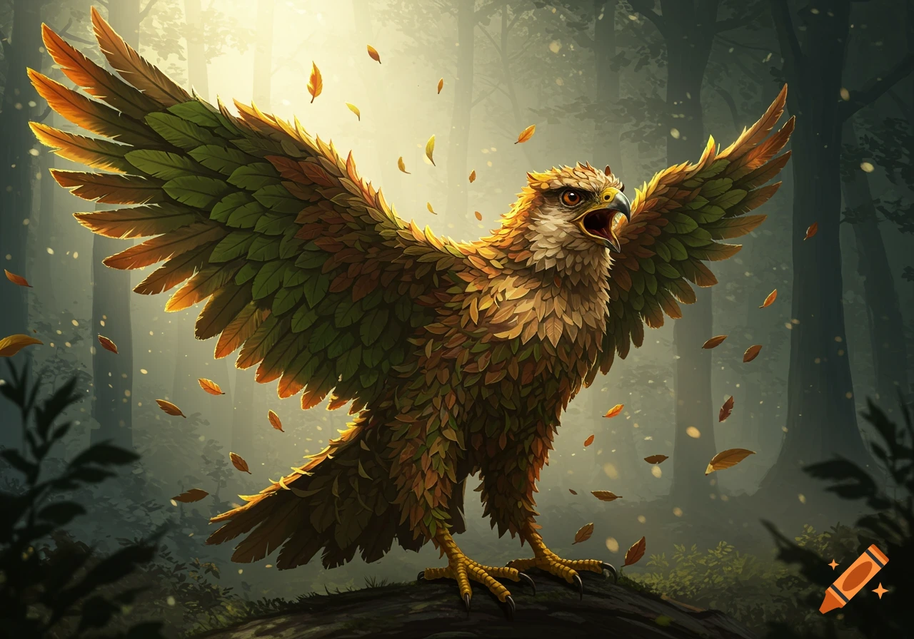A majestic falcon-like creature with wings spread, covered in autumn leaves, screams in a sunlit forest with falling leaves.