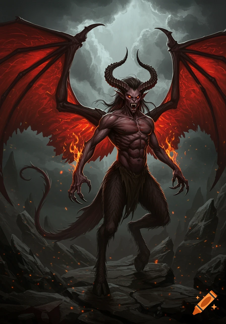 A muscular, horned demon with large red bat wings and sharp talons stands in a fiery, rocky landscape, digital art.