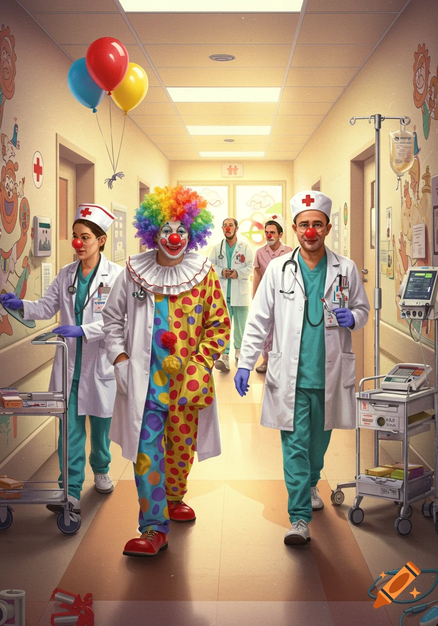 A clown in colorful attire walks down a hospital hallway with doctors and nurses, some wearing clown noses, and balloons floating nearby.