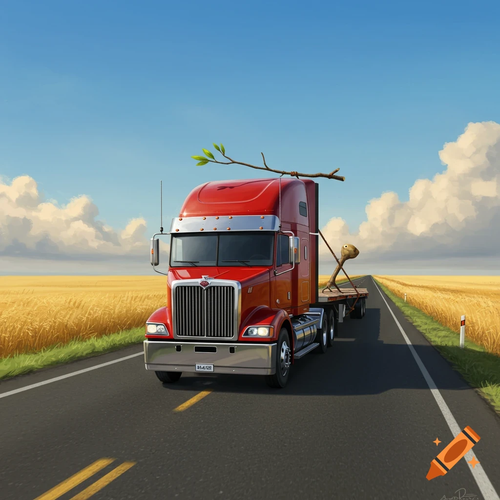 A whimsical illustration of a red semi-truck on a road through golden fields, carrying a small twig creature and a branch.