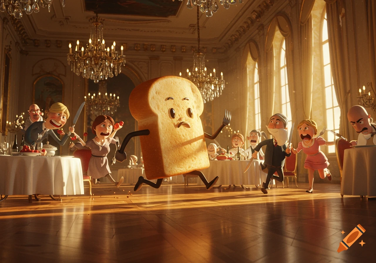 Cartoon of a frightened slice of bread running through a fancy dining hall, chased by people holding forks and knives.
