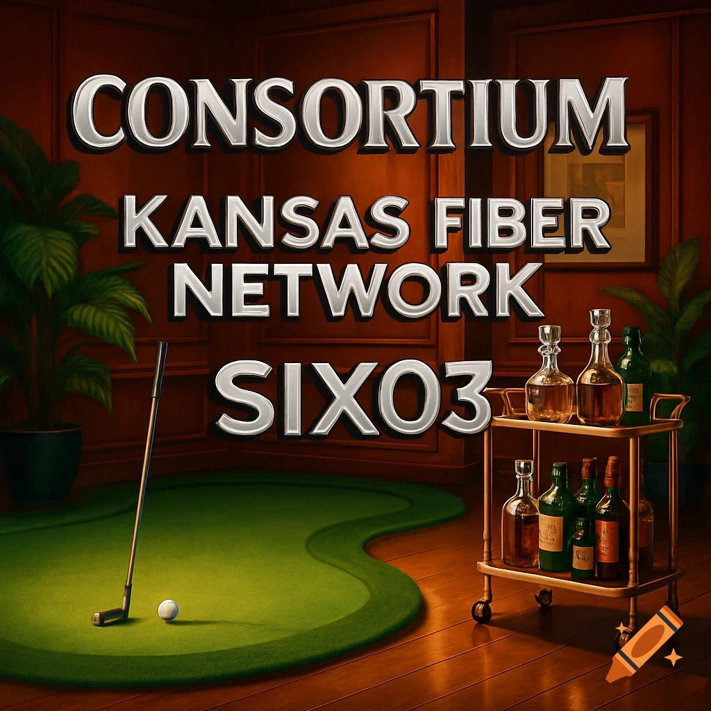 Large silver text for 'CONSORTIUM', 'KANSAS FIBER NETWORK', and 'SIX03' above an indoor putting green with a golf club and ball, and a brass bar cart with bottles.