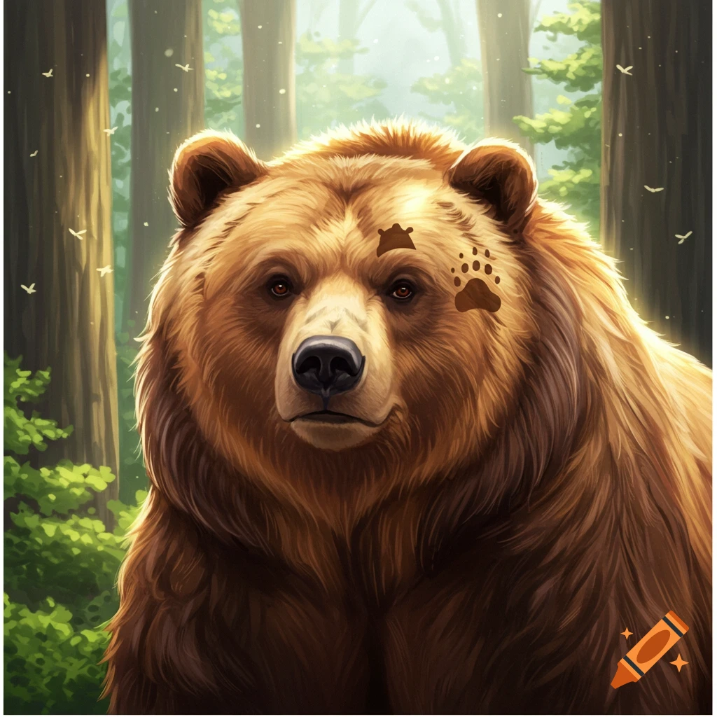 A brown grizzly bear with a large head and furry body looks directly forward, with stylized paw prints on its forehead, in a sunlit forest.