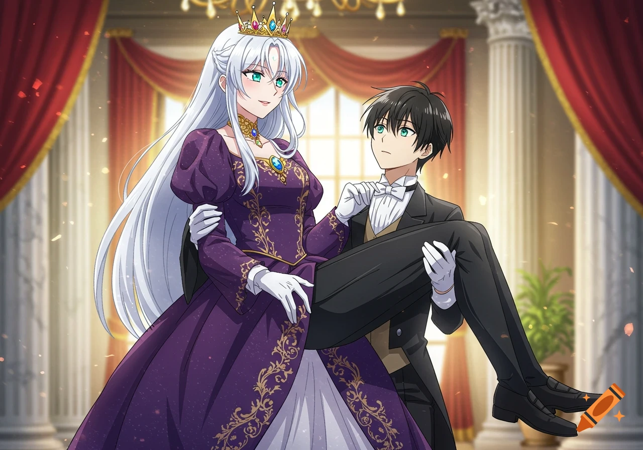An anime queen with long white hair and a crown carries a black-haired butler in her arms in a grand room.