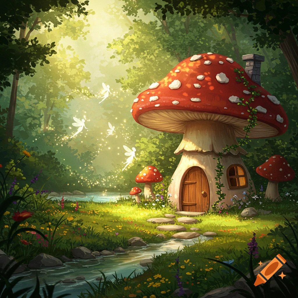 A whimsical mushroom house with a red cap sits in an enchanted forest. Sunlit fairies float above a stream bordered by colorful flowers.