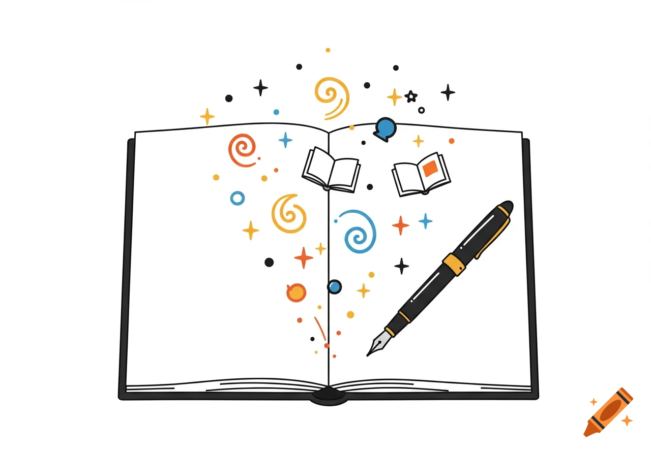 A simple clipart illustration of an open book with a fountain pen and colorful swirling elements, stars, and small books floating above it.