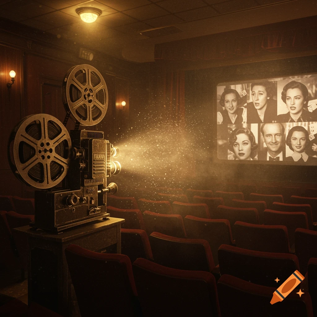 Vintage film projector projects black and white movie stills onto a screen in a dark, empty cinema.