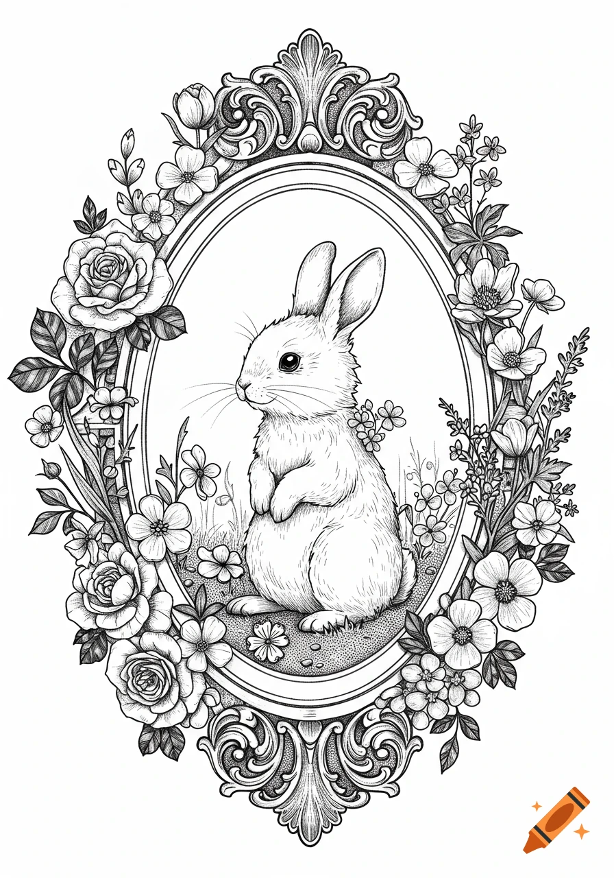 A black and white line art illustration of a fluffy bunny sitting inside an ornate oval frame surrounded by roses, tulips, and wildflowers.