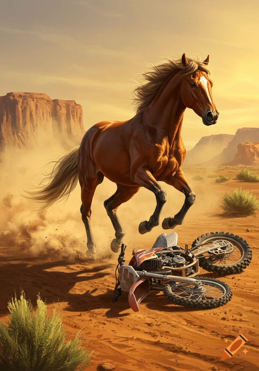 A brown horse rears up over a fallen dirt bike in a dusty desert landscape with mesas, digital painting.