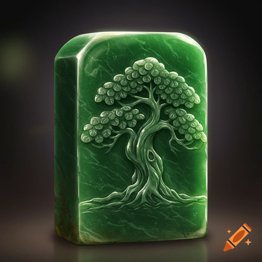 A rectangular jade seal with a detailed relief carving of a gnarled tree on its face.