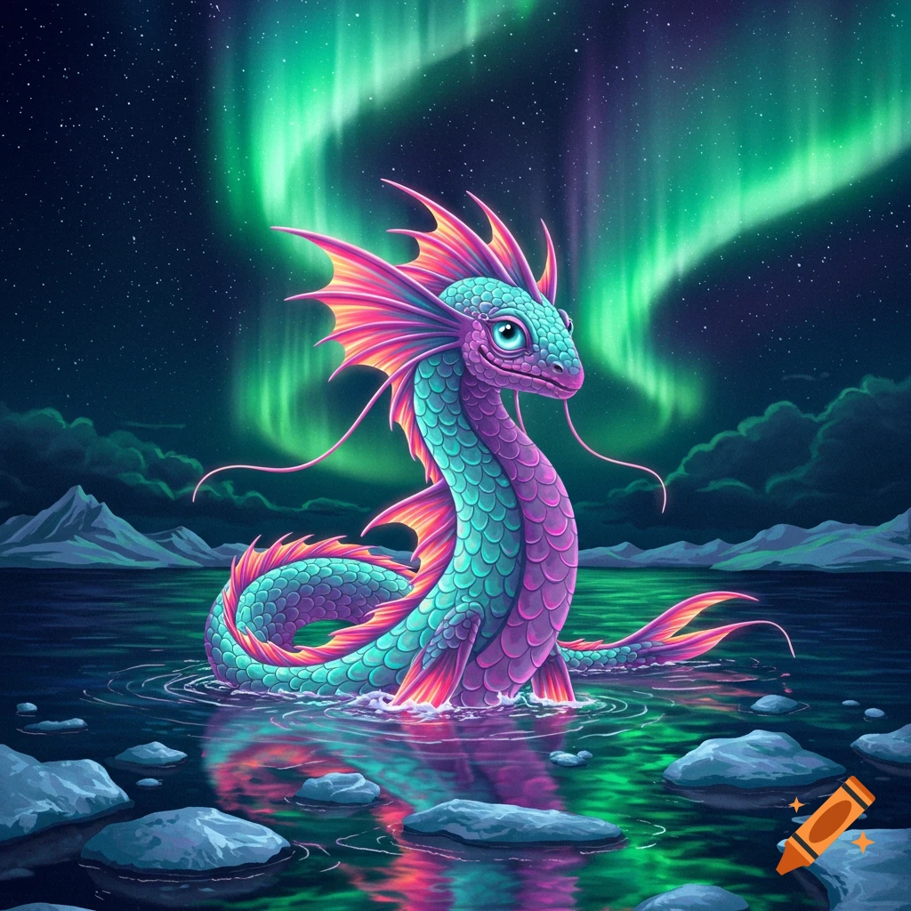 A vibrant teal and purple sea creature emerges from icy water under a bright green aurora borealis in a starry night sky.