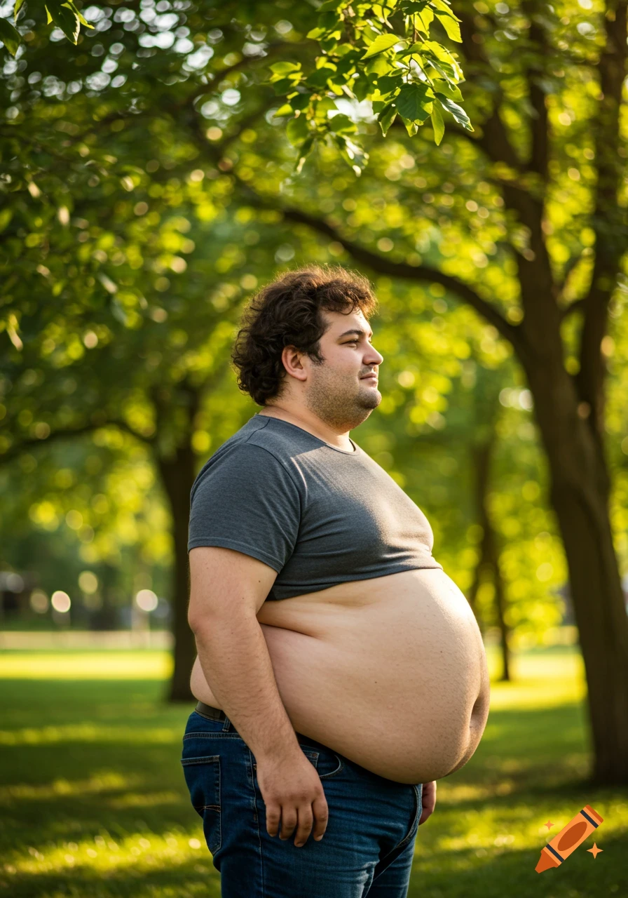 An obese man with short curly brown hair stands in a sunny park.