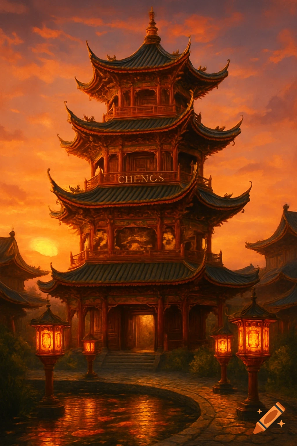 A traditional Chinese pagoda with intricate details under a dramatic orange and red sunset sky. Lanterns glow along a path leading to the entrance.