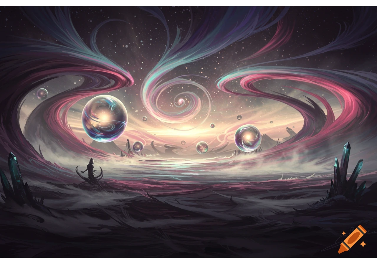 Mystical landscape with swirling pink and blue cosmic energy, glowing orbs, a silhouetted figure, and crystals under a starry sky.