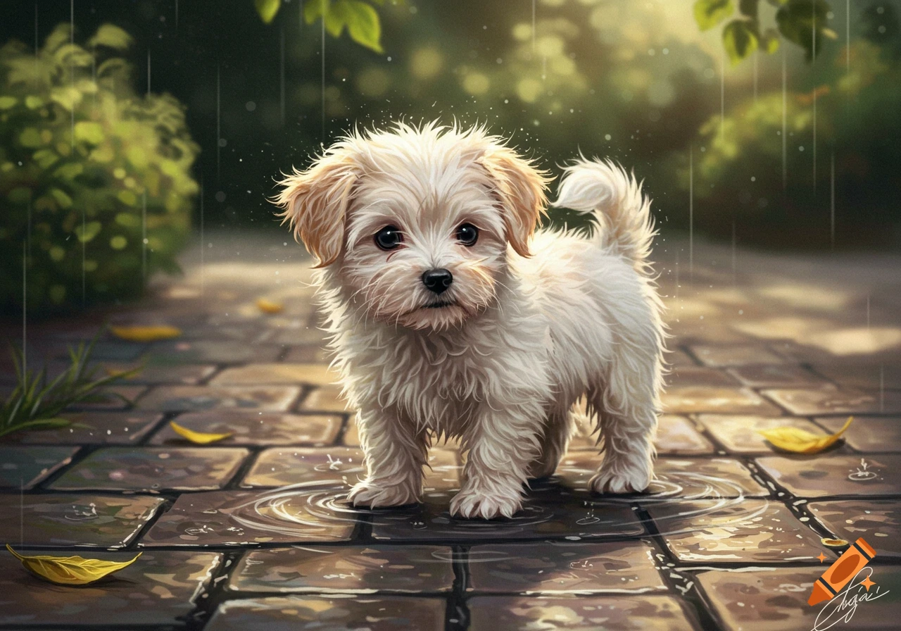 A cute scruffy white puppy stands on a wet stone path in the rain, with green foliage in the background.
