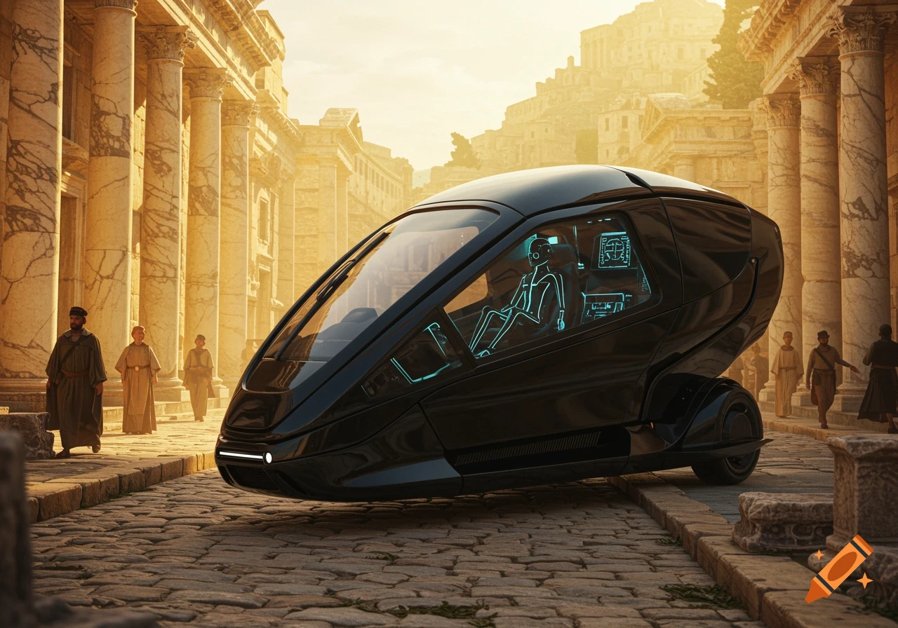 Photorealistic black futuristic time travel pod on a cobblestone street in an ancient city with large stone columns and people.