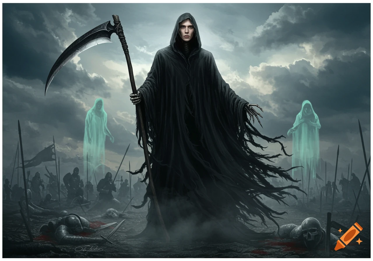 A dark fantasy painting of the Grim Reaper with a human face holding a scythe on a battlefield with fallen soldiers and glowing ghosts under a stormy sky.