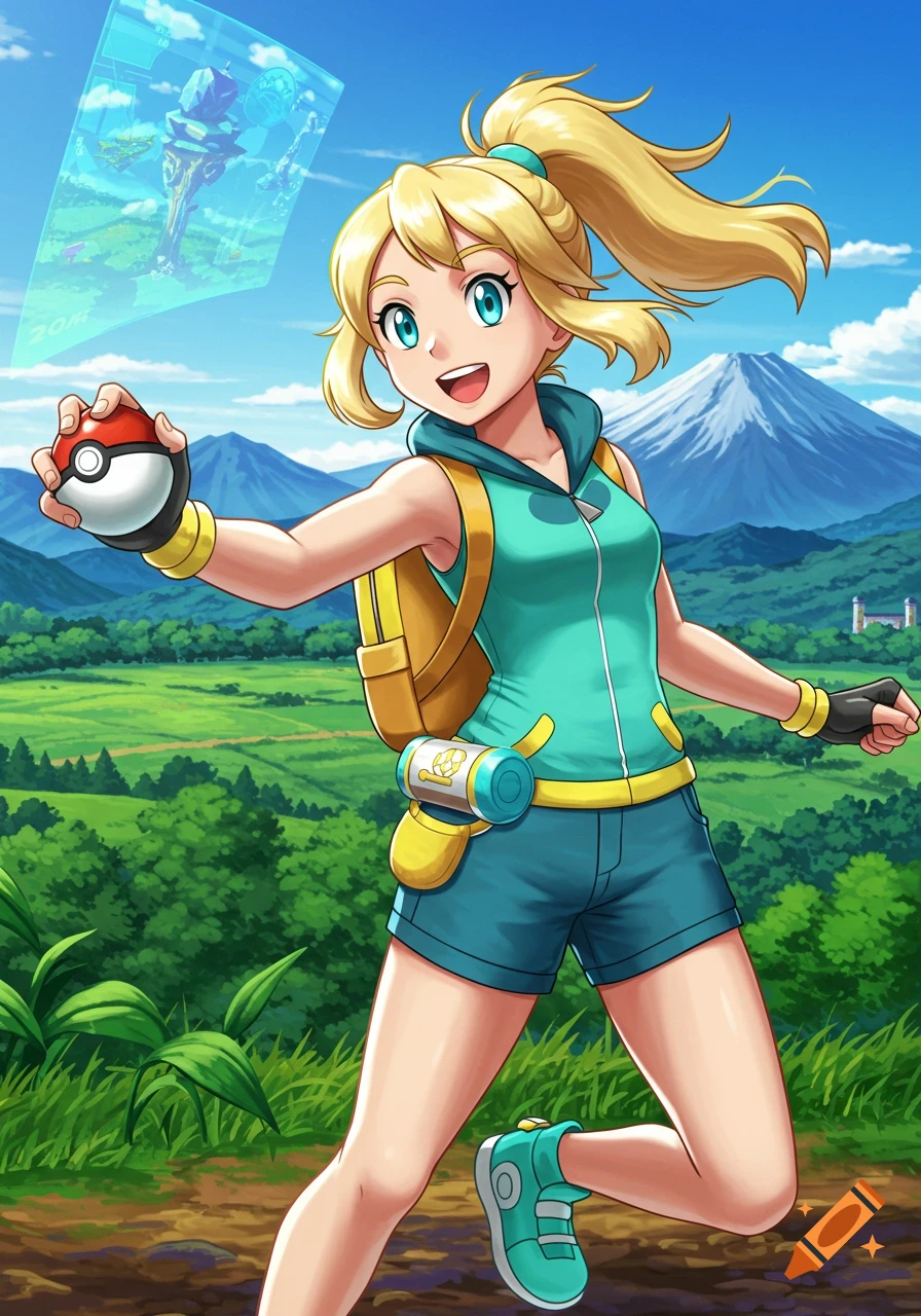 A blonde anime girl dressed as a Pokémon trainer holds a Poké Ball in a lush, mountainous landscape under a blue sky.