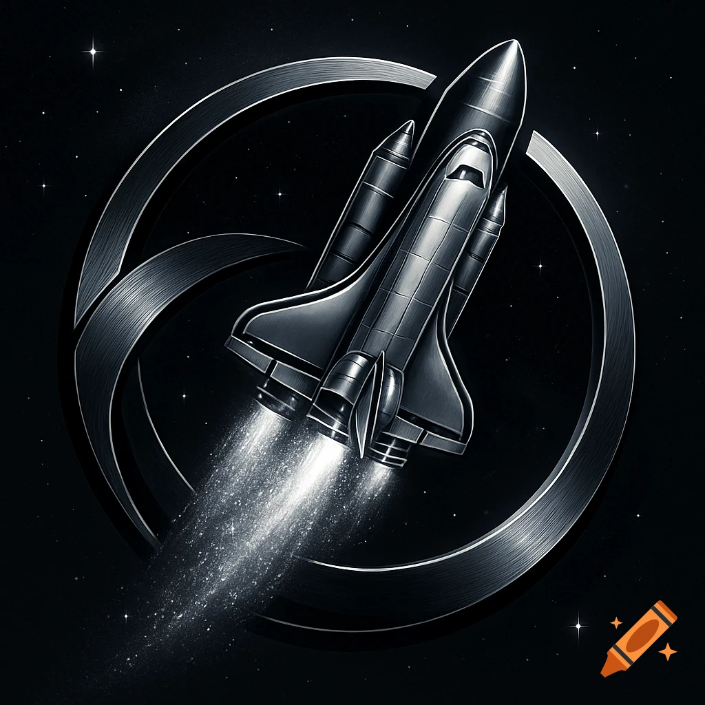 A monochrome illustration of a space shuttle launching, framed by a metallic circular logo, against a dark starry background.