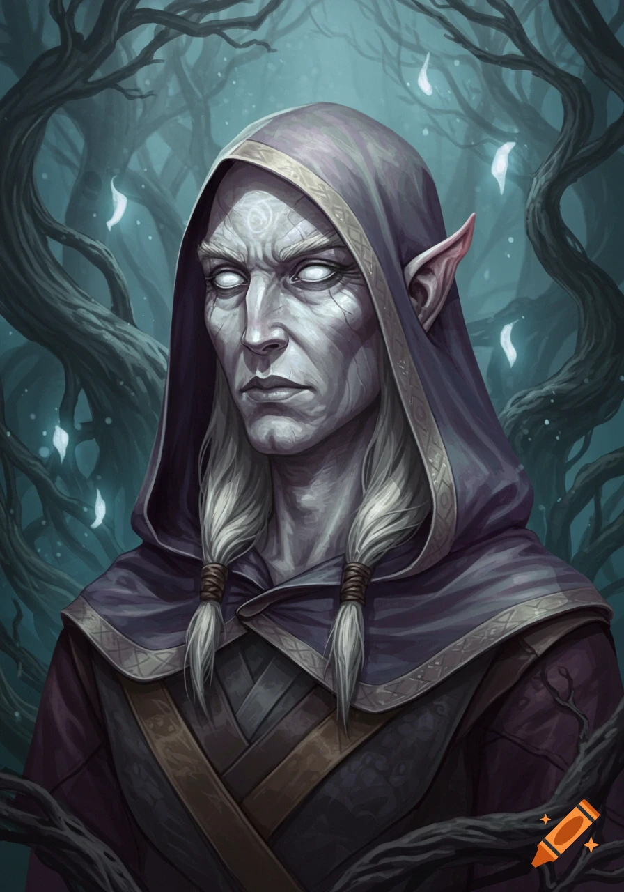 A serious, white-skinned fantasy character with white eyes and long white braids wears a dark purple hooded cloak, standing in a twisted, misty forest.