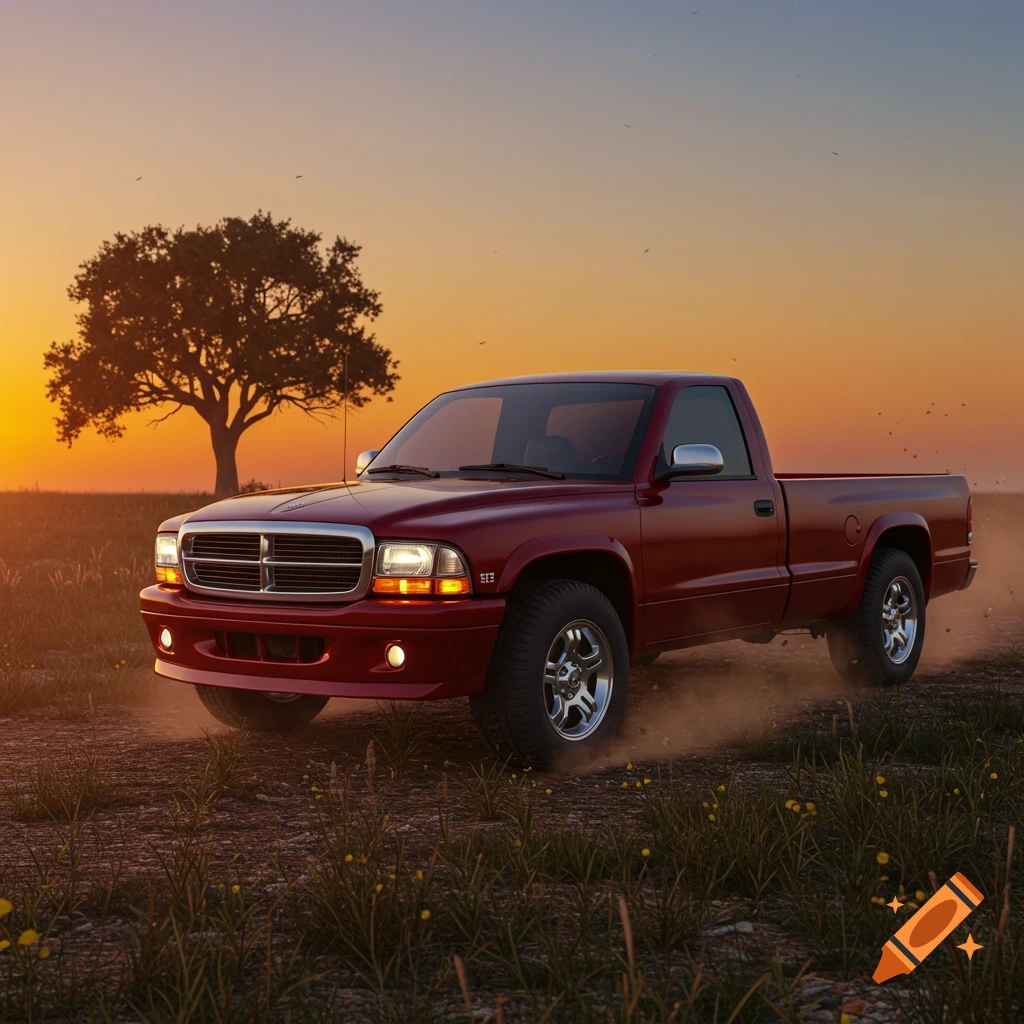 A red 1999 Dodge Dakota pickup truck drives on a dirt road through a grassy field at sunset, casting dust.