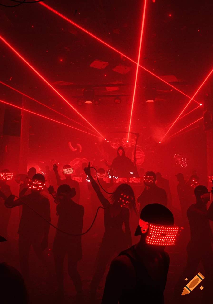 A blood-red underground rave with dancers wearing glowing LED visors and laser beams, featuring a Grim Reaper-like DJ.