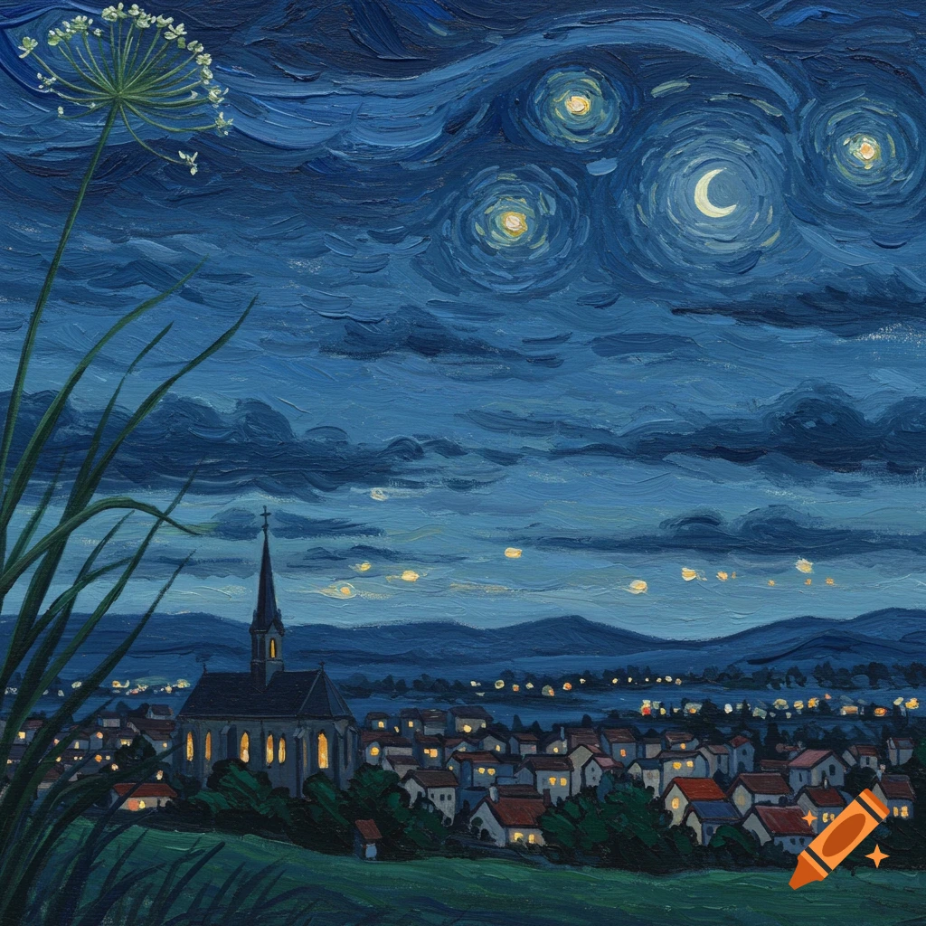 Impressionistic oil painting of a village at night under a swirling sky with a crescent moon and stars, a church steeple rising above houses with glowing windows, and a tall plant in the foreground.