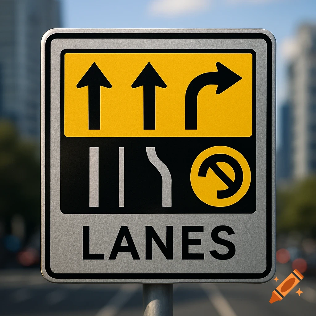A close-up, eye-level shot of a rectangular traffic sign with a grey border, featuring black arrows and symbols on a yellow and black background. The top half shows two straight arrows and a right-turn arrow. The bottom half has lane markings and a "no" symbol, with the word "LANES" at the very bottom. The background is a blurry urban street.