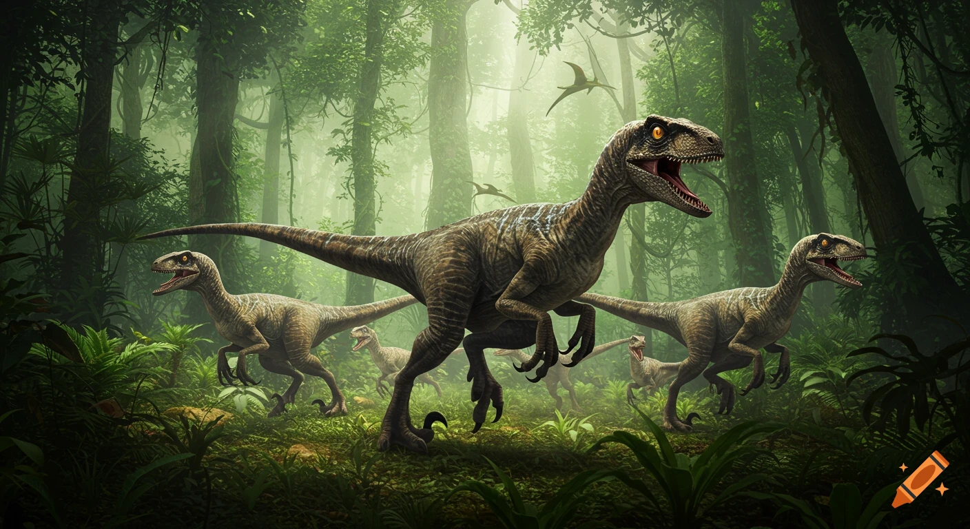 Hyperrealistic Velociraptors run through a dense, misty jungle with tall trees and lush green plants.