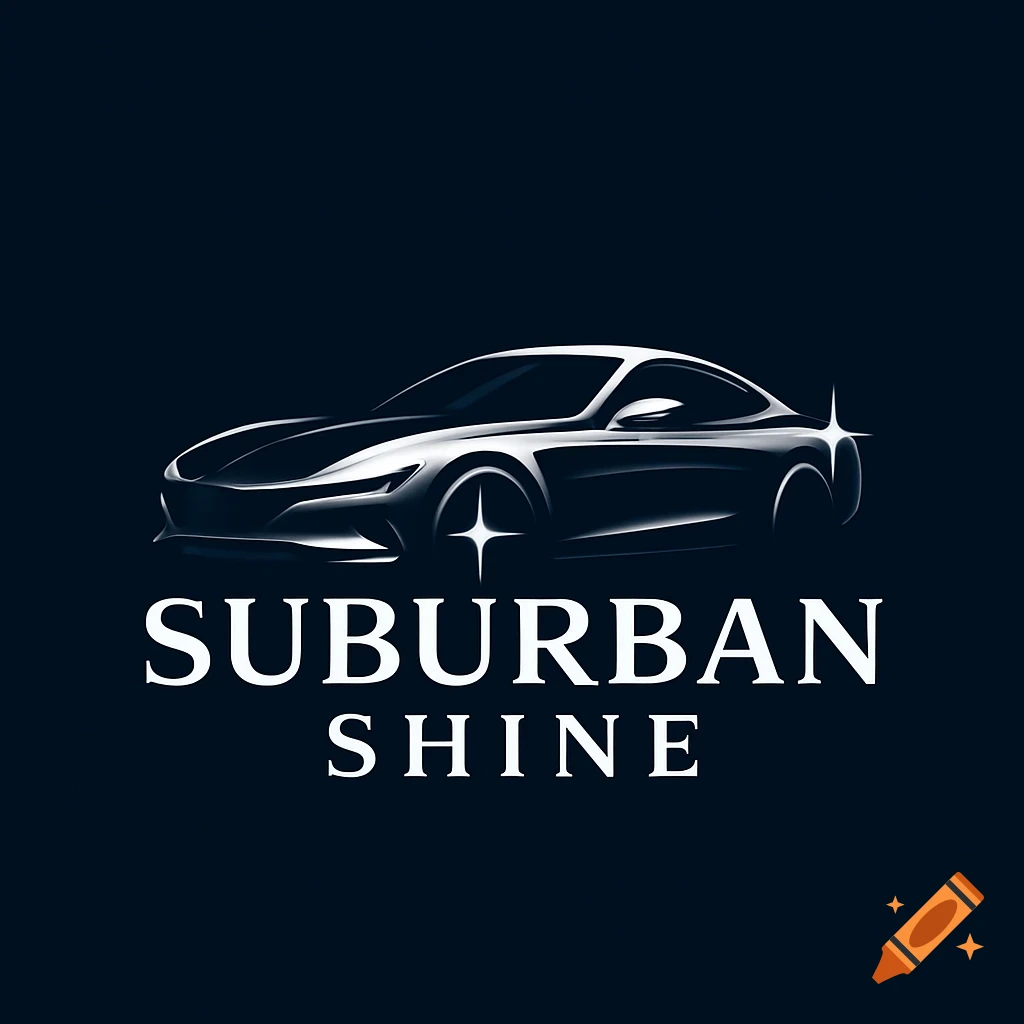 A sleek, stylized white outline of a sports car with a star on the wheel, above the white text 'SUBURBAN SHINE' on a dark blue background.