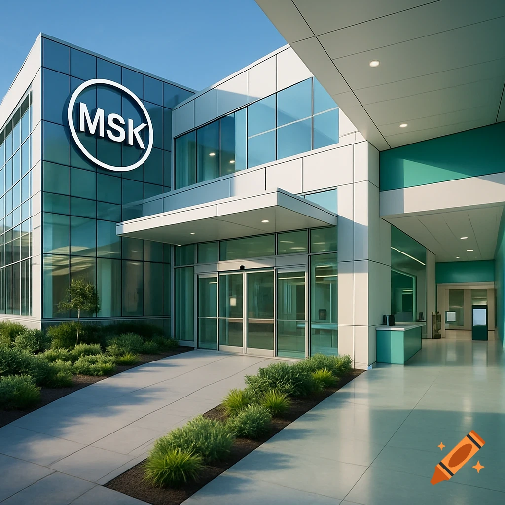 Photorealistic image of a modern medical facility with an MSK logo on its glass facade.