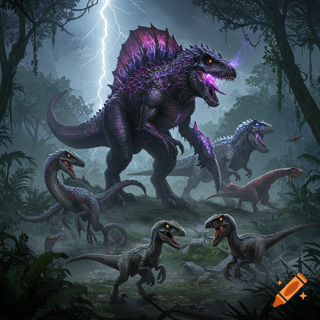 Hyper-realistic scene of hybrid dinosaurs battling in a foggy jungle with lightning. A large purple and black dinosaur with a sail and glowing eyes stands centrally, surrounded by various raptors and other large dinosaurs.